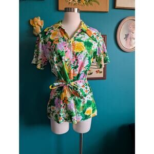 Vintage 70s Dagger Collar Top Floral Belted Short Sleeve Med Large